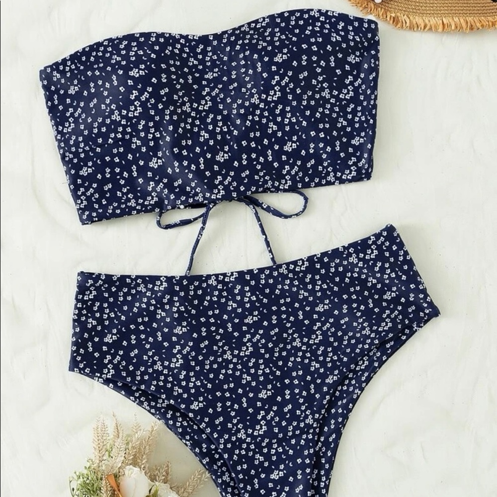 Navy Blue Floral High Waisted Bikini